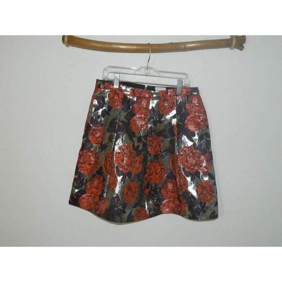 J. Crew Mini Skirt Red Silver Metallic Floral Print Pleated A-Lined Size 2 - Picture 6 of 9
